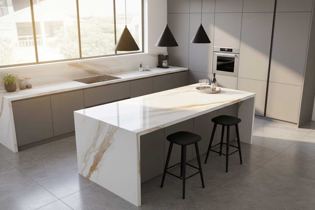 Bàn đảo bếp ốp đá nung kết – sang trọng, bền