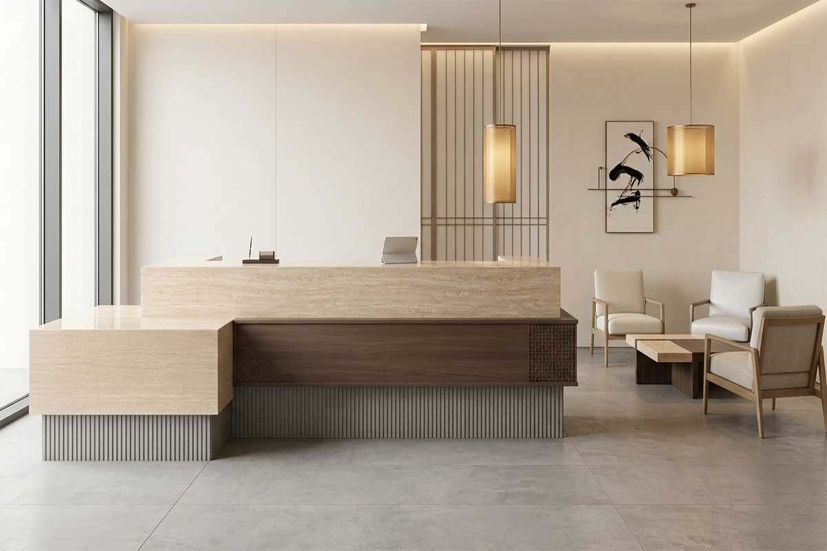 Quầy lễ tân hoặc showroom sử dụng đá nung kết cao cấp