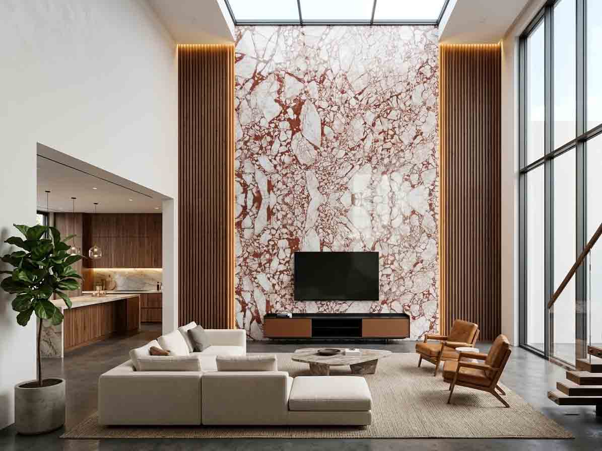 Đá marble ốp tường phòng khách bookmatch