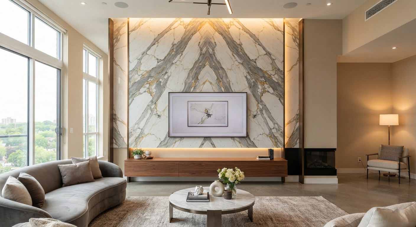 Đá marble ốp tường phòng khách bookmatch1
