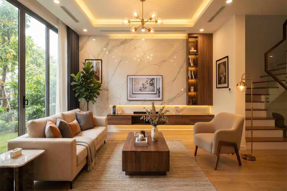 Đá ốp tường marble trắng cho gia chủ mệnh Kim