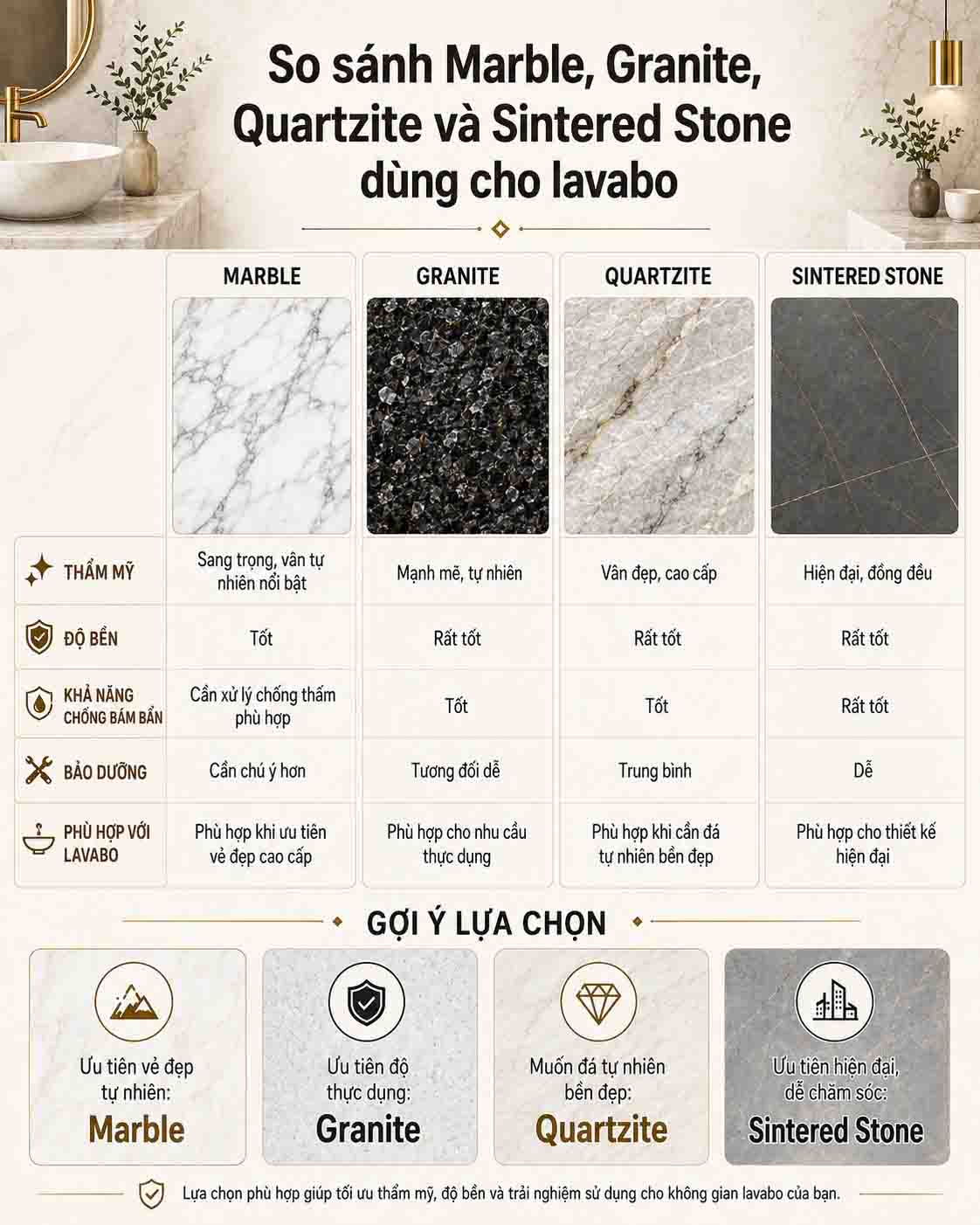 So sánh Marble, Granite, Quartzite và Sintered Stone dùng cho lavabo