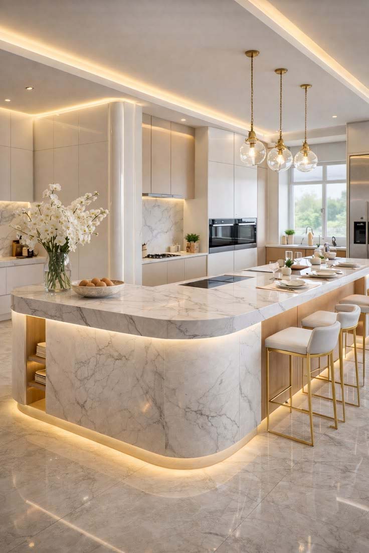 bàn đảo bếp sử dụng đá marble trắng