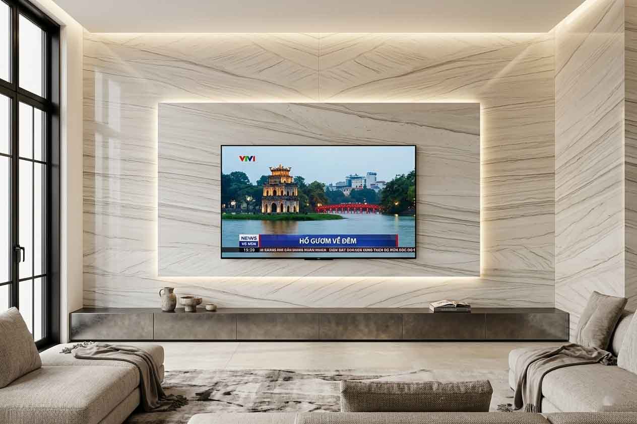 vách phòng khách marble trắng ghép vân