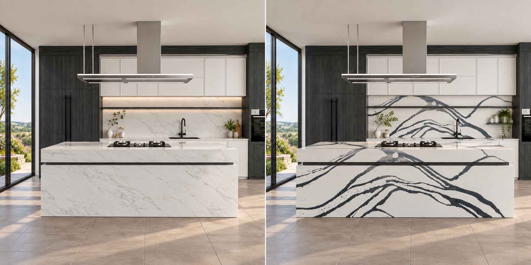 đá nung kết và quartz làm mặt bếp
